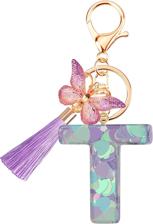 Suweibuke Colourful Cute Initial Letter Keychains for Women Girls with Tassel Butterfly, Charm for Purse Handbags Backpacks