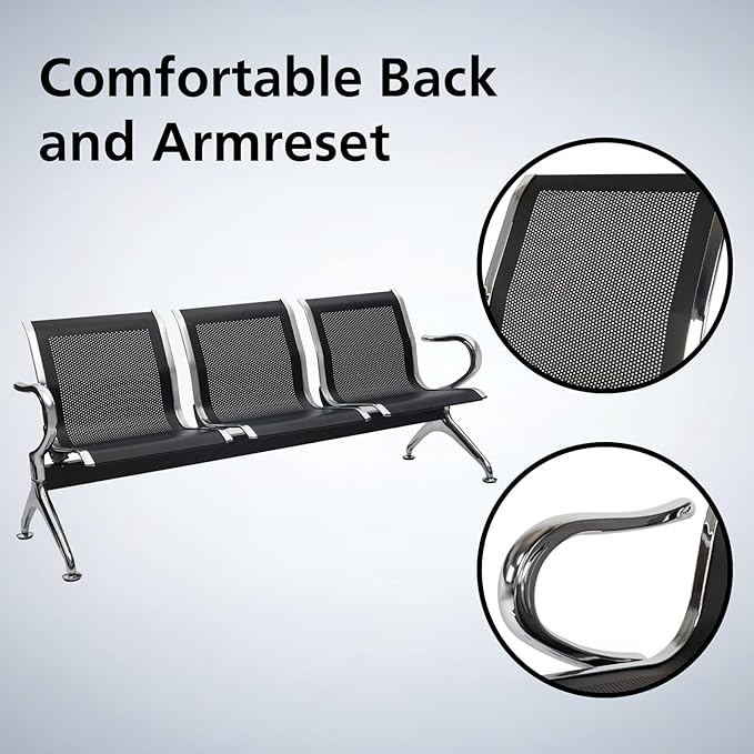 kinbor Waiting Room Chairs - Durable Black Reception Bench with Armrests, 3-Seat Office Reception Guest Chairs for Office, Hospital, Airport, Bank & Lobby (Set of 2)