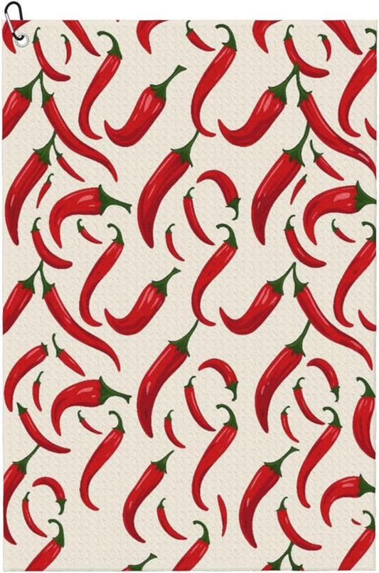 Chili Golf Towel Waffle Microfiber with Hook Detachable Clip 24x16in