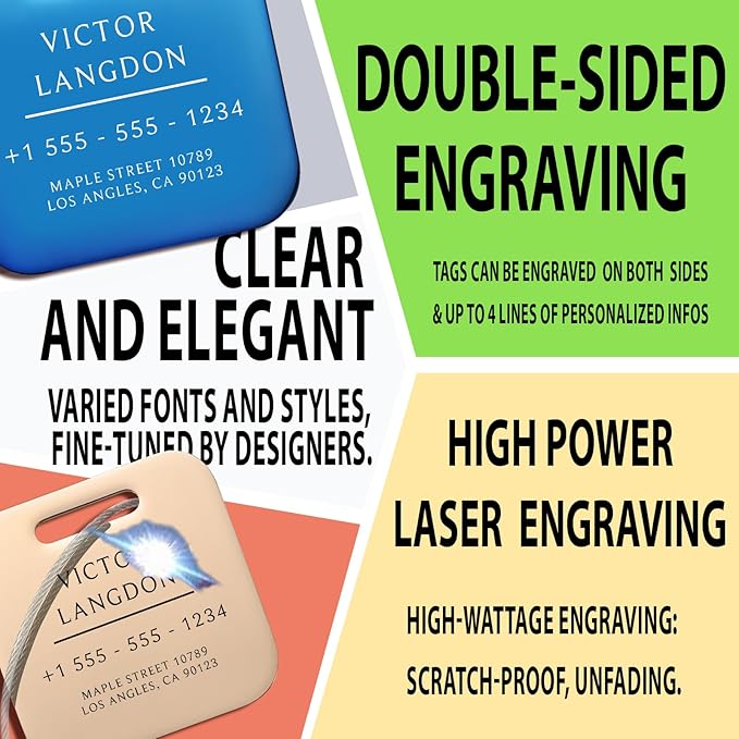 Stainless Luggage Tags for Suitcases 4 Pack: Metal Personalized Luggage Tags for Backpacks & Bags with Customizable Texts (Silver)