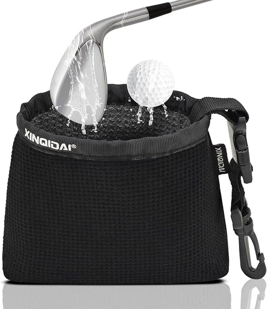 Golf Club and Golf Ball Cleaning Bag - Cleans Club Grooves, Golf Bag Accessories,Waterproof Clean Face Tech, Detachable Clip, Machine Washable,Golfer Gifts for Men(1-Pack,BLACK)
