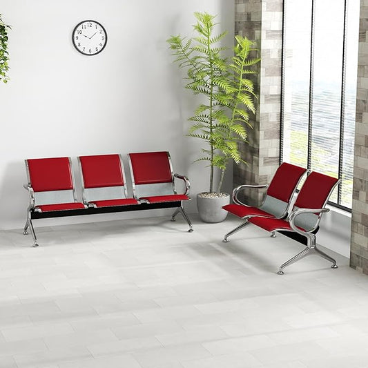 Kinfant 5-Seat Waiting Room Chairs with Arms – Heavy-Duty Steel Frame PU Leather Back & Cushioned Seat, Ergonomic Office Reception Guest Chair for Lobby, Clinic, Airport, Red