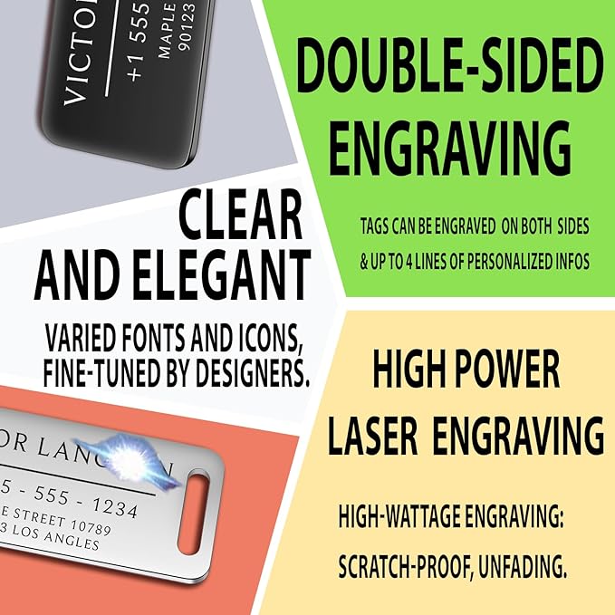 Personalized Luggage Tags for Suitcases 4 Pack - Stainless Steel Custom Luggage Tags for Backpacks & Bags, Sturdy, Waterproof & Heavy Duty (Black / 3" x 1.25")