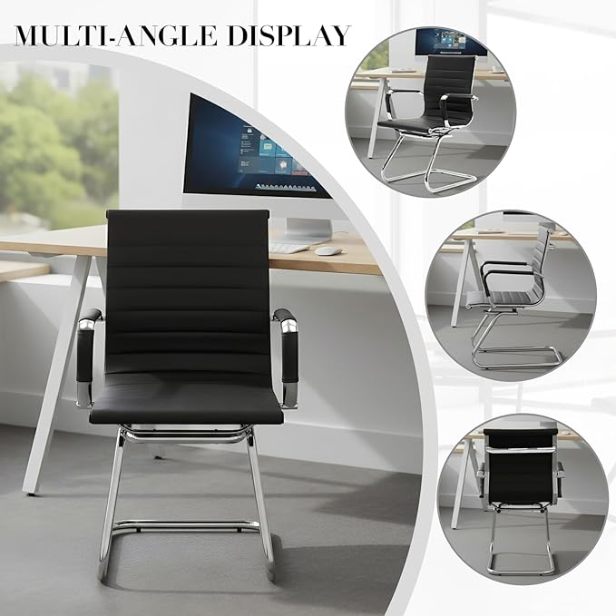 CIMOTA Waiting Room Chairs Leather Office Guest Chair Mid Back Reception Chairs with Sled Base for Meeting/Patient/Conference Room, Black Set of 2