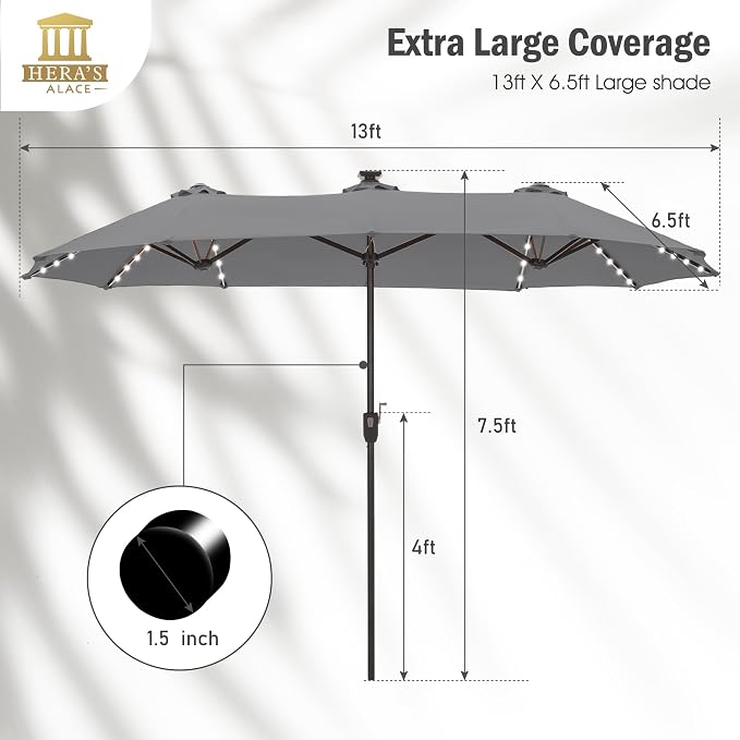 13 ft Patio Umbrella with 120 LED Solar Lights Outdoor Umbrella, 8 Colors - Image 5