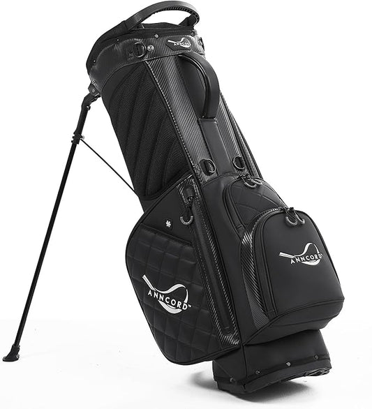 Golf Stand Bag with 14 Way Full Length Dividers, PU Leather Golf Bag for Men, Waterproof Golf Bags with Stand, 6 Pockets & Cooler Pouch, Adjustable Dual Straps, 2 Rain Cover Hood