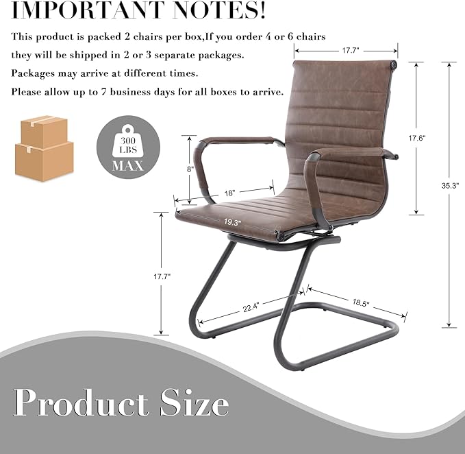 CIMOTA Waiting Room Chairs Set of 2 Leather Office Guest Chair Mid Back Reception Chairs with Sled Base for Meeting/Patient/Conference Room, Retro Brown, 2PCS