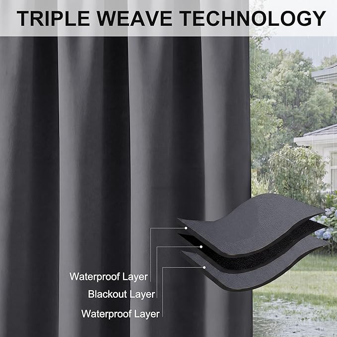RYB HOME Extra Wide Outdoor Curtains 2 Panels or Patio Waterproof | Blackout - Image 7