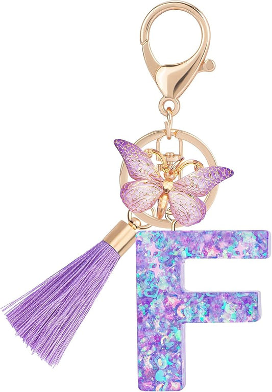 Suweibuke Colourful Cute Initial Letter Keychains for Women Girls with Tassel Butterfly, Charm for Purse Handbags Backpacks