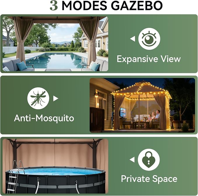 Aoxun 10x10FT Metal Frame Outdoor Gazebo, Khaki | UPF50+ Protection 50×50mm - Image 4