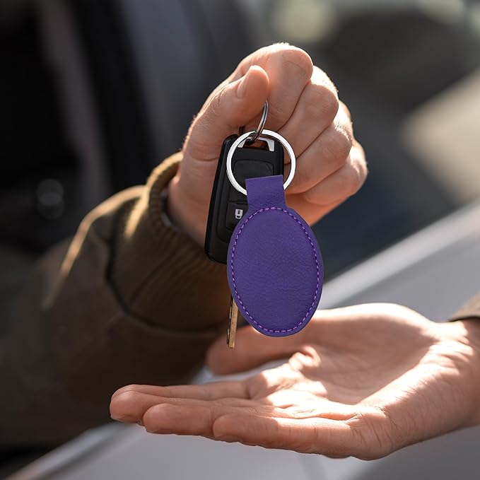 LaserGram Oval Keychain, Palm Trees, Personalized Engraving Included (Dark Purple)