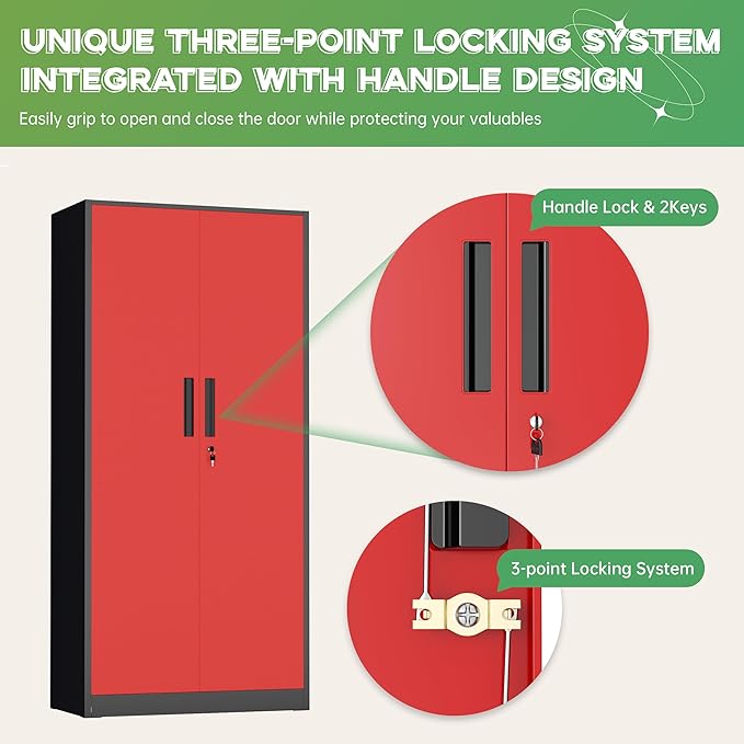 INTERGREAT Metal Storage Cabinet,72" Steel Lockable File Cabinet with Locking Doors and Adjustable Shelves,Locking Tool Cabinets for Office,Home,Garage,Gym,School (Black Red)