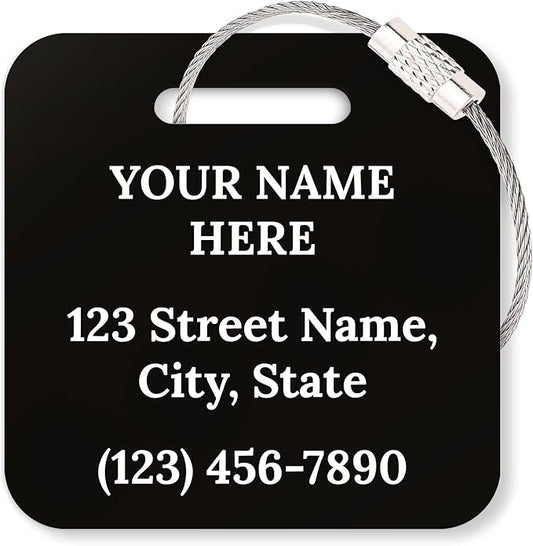 Custom Luggage Tags, Personalized Name Address for Suitcases,Backpack, Handbag, Travel Equipment Tag, 2x2 Inches, Acrylic Heavy Duty Waterproof, Made in The USA by My Sign Center- Black
