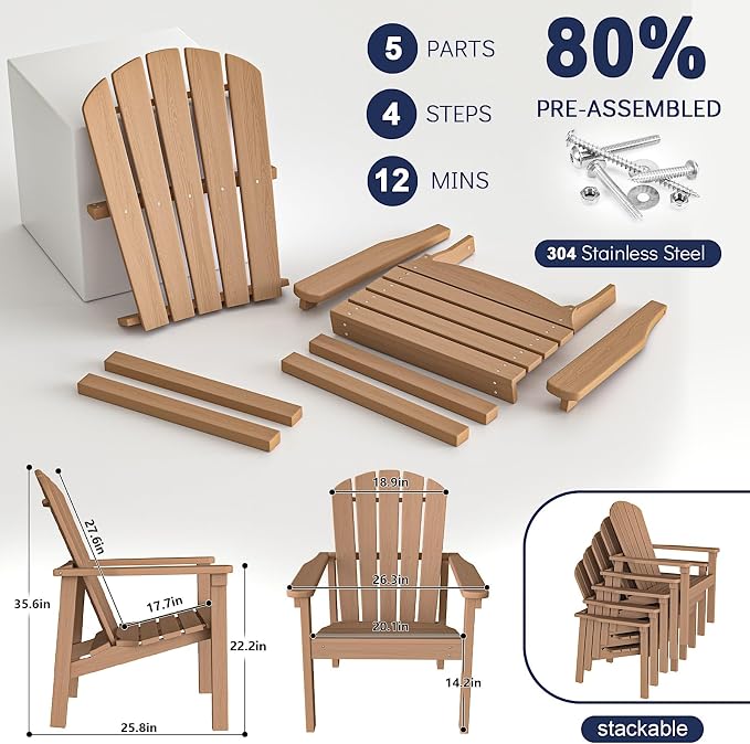Compact Stackable Adirondack Chairs Set of 4, Teak | 26.3" Wide HDPE, - Image 7