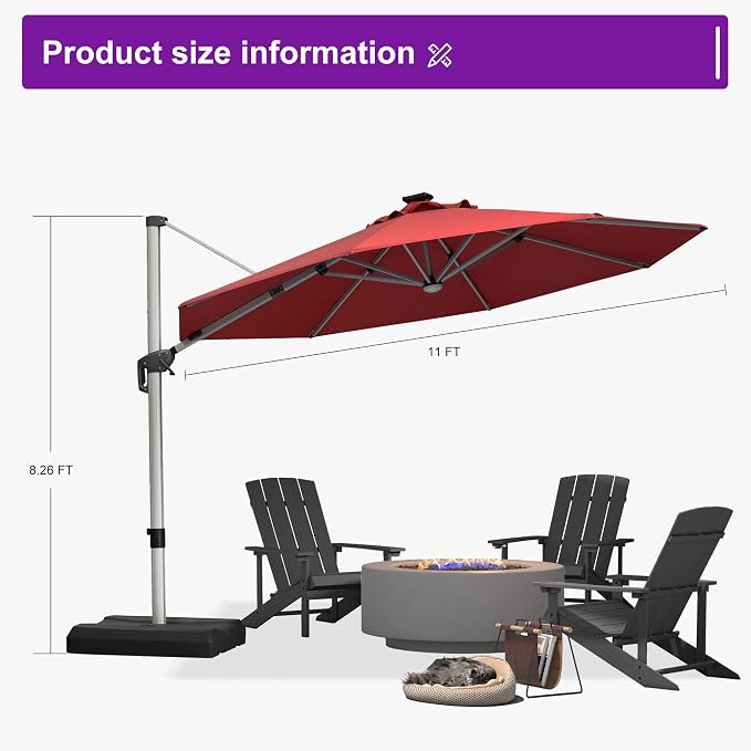 PURPLE LEAF Cantilever Patio Umbrella 11ft Round Solar LED Light, Terra | - Image 4