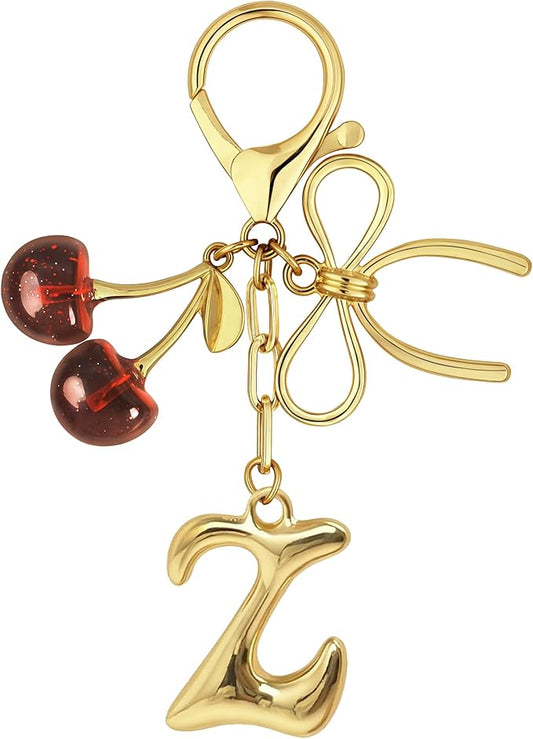 Gold Bubble Heart, Cherry, Bow & More Designs Letter Initial Keychain Bag Charms – Cute Purse Charms for Handbags