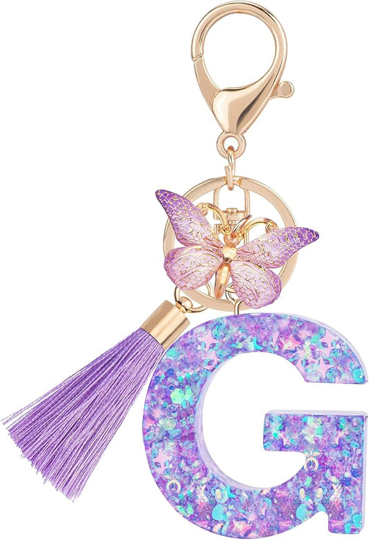 Suweibuke Colourful Cute Initial Letter Keychains for Women Girls with Tassel Butterfly, Charm for Purse Handbags Backpacks