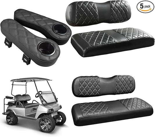 NOKINS Golf Cart Seat Covers for Club Car DS 2000.5-Up,Vinyl Front&Rear Seat Cover with Flip-Up Armrests kit,with Cup Holder, for 1" Square Tube(Black&Black Stitching)