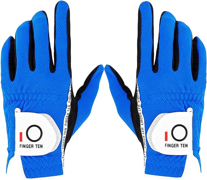 FINGER TEN Premium Rain Grip Men's Golf Gloves 1 Pair, Hot Wet Weather No Sweat Glove for Serious Feel & Performance, Left Right Hand Black Gray White Blue Fit Size S M L XL 2XL 3XL