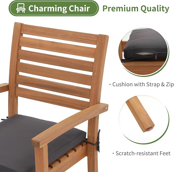 Stackable Patio Dining Chairs Set of 6, Dark Grey | Outdoor Acacia Wood Chairs - Image 4