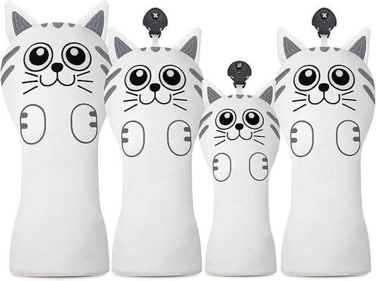 Golf Kitty Head Cover Golf Club White Leather Headcovers 1pc/4pcs Set Fits Driver Fairway Wood Hybrid Utility Putter Iron Wedge Headcover.