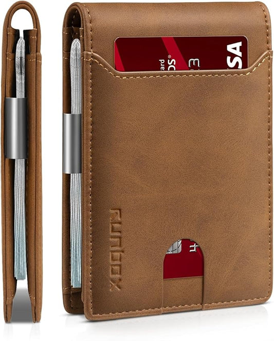 RUNBOX Money Clip Wallets for Men,Slim Leather Mens Bifold Wallet,RFID Blocking Front Pocket Wallet,Thin Credit Card Holder with Gift Box