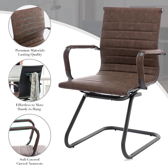 CIMOTA Waiting Room Chairs Set of 4 Leather Office Guest Chair Mid Back Reception Chairs with Sled Base for Meeting/Patient/Conference Room, Retro Brown, 4PCS