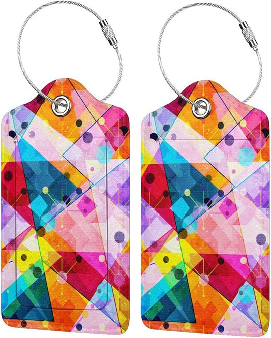 2-Pack PU Leather Luggage Tag with Colorful Geometric Pattern, Rainbow Airport Suitcase Baggage Label Tags, Business ID Card Holders Gifts for Women Men Girls Boys Kids Crew