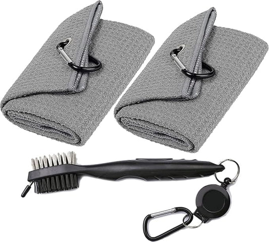 Golf Towels, Microfiber Waffle Pattern Tri-fold Golf Towel - Brush Tool Kit with Club Groove Cleaner, with Clip Men Women Golf Gifts (2 Grey Towel+Black Brush)