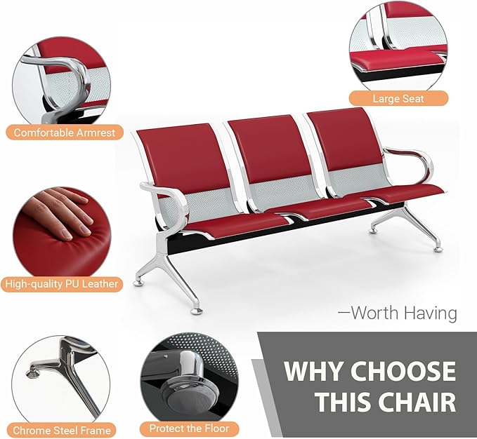 Kinfant 3-Seat PU Leather Waiting Room Bench – Red Reception Chair for Office, Hospital, Bank, Salon, Airport