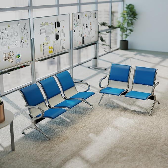 Kinfant Blue 5-Seat Waiting Room Chairs with Arms – Heavy-Duty Steel Frame PU Leather Back & Cushioned Seat, Ergonomic Office Reception Guest Chair for Lobby, Clinic, Airport