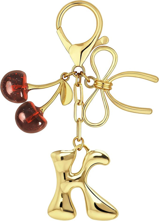 Gold Bubble Heart, Cherry, Bow & More Designs Letter Initial Keychain Bag Charms – Cute Purse Charms for Handbags