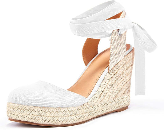 FISACE Womens Summer Espadrille Heel Platform Wedge Sandals Ankle Buckle Strap Closed Toe Shoes