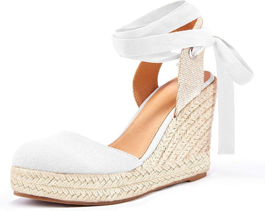 FISACE Womens Summer Espadrille Heel Platform Wedge Sandals Ankle Buckle Strap Closed Toe Shoes