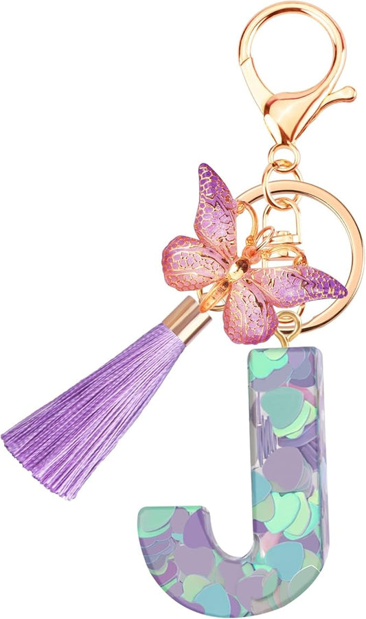 Suweibuke Colourful Cute Initial Letter Keychains for Women Girls with Tassel Butterfly, Charm for Purse Handbags Backpacks
