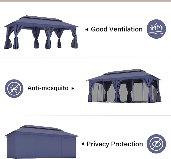 10'x20' Outdoor Gazebo with 100FT String Lights, Metal Heavy Duty Patio Canopy - Image 3