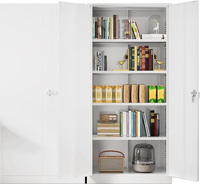 Greenvelly Metal Lockable Storage Cabinet, 72” Tall Storage Cabinet with 2 Doors and 4 Adjustable Shelves for Office, Home, Garage, Pantry (Assembly Required, 18”D, White)