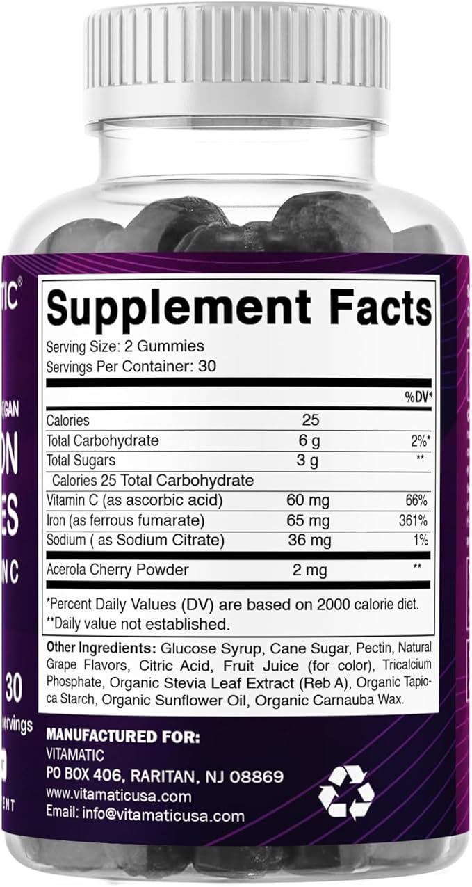 Vitamatic Iron 65 mg Gummies Supplement for Women & Men - 60 Vegan Gummies - Great Tasting Iron Gummy Vitamins with Vitamin C (1)