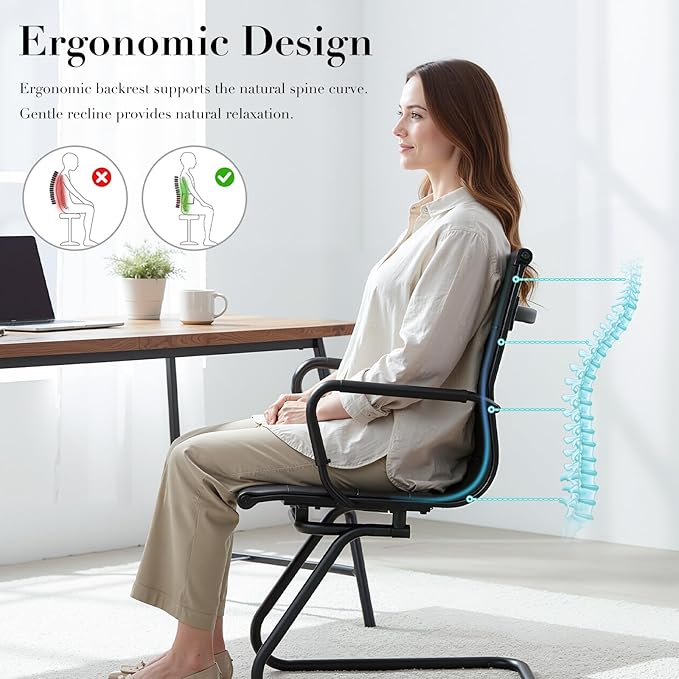 CIMOTA Waiting Room Chairs Leather Office Guest Chair Mid Back Reception Chairs with Sled Base for Meeting/Patient/Conference Room, Retro Black Set of 8