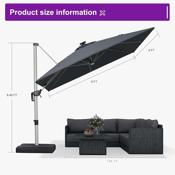 PURPLE LEAF Cantilever Umbrella 9' X 9' Solar LED Light Patio Deck, Stays bright - Image 9