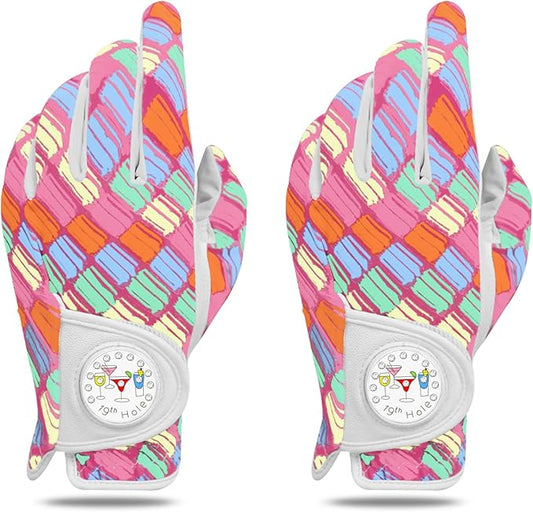 Golf Gloves Women with Ball Marker 2 Pack, Right Handed Golfer Left Hand, Ladies Breathable Soft All Weather Grip Glove Fit Size Small Medium Large XL