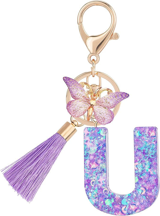 Suweibuke Colourful Cute Initial Letter Keychains for Women Girls with Tassel Butterfly, Charm for Purse Handbags Backpacks