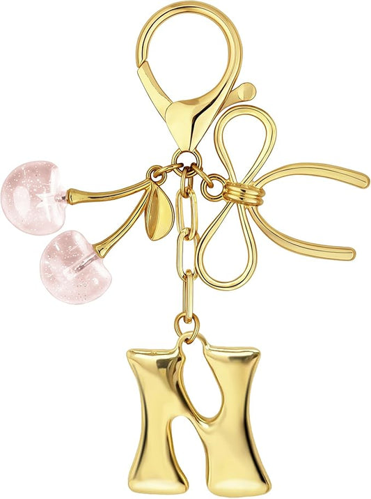 Gold Bubble Heart, Cherry, Bow & More Designs Letter Initial Keychain Bag Charms – Cute Purse Charms for Handbags