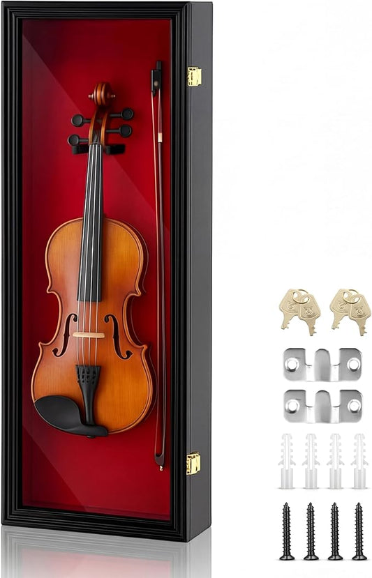 33.25'' Violin Display Case with Bow Holder and Lock Violin Case Hanger Stand Wall Mounted Shadow Box for Guitar Fiddle Ukulele with Acrylic Transparent Door for Christmas Collector Gift