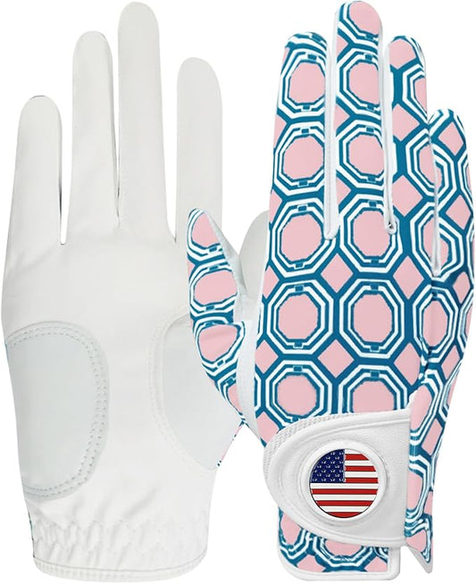 Amy Sport Womens Golf Glove with Ball Marker Rain Left Right Hand Leather Printed Pack, Ladies Golf Gloves All Weather Grip Breathable Soft Size Small Medium Large XL