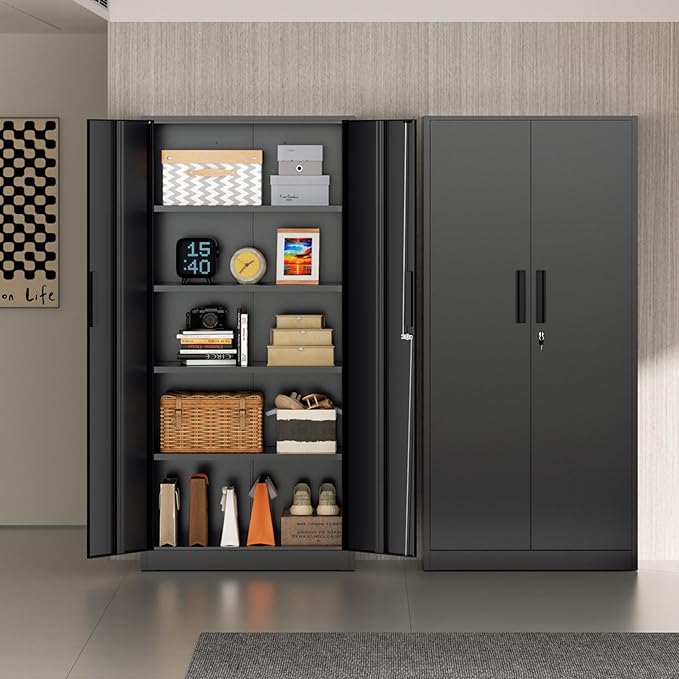 Incbruce 72” Metal Storage Cabinet, Garage Cabinets and Storage System with Doors and Shelves, Tall Lockable Tool Cabinet for Garage, Office, Home (Black)