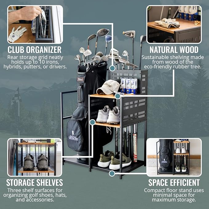 Teal Triangle Golf Storage Organizer, Heavy Duty Garage Freestanding Storage, Holds Golf Clubs, Bags, Golf Accessories, Golf Gifts for Men