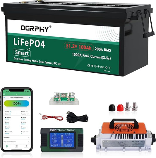 48V Lithium Battery with Onboard 18A LiFePO4 Battery Charger & 200A BMS, 5.12kWh 48V 100Ah Lithium Golf Cart Battery with 10.24kW Output, 1000A Peak Current for Golf Cart, Solar