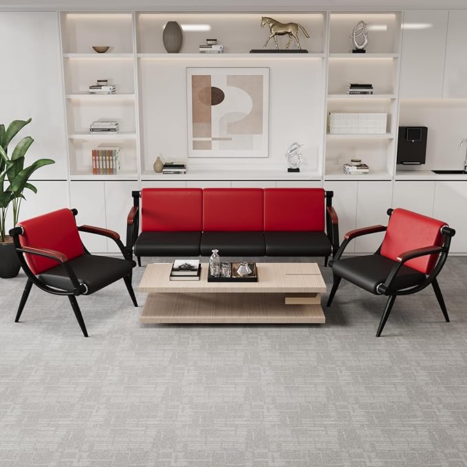 wonline Waiting Room Bench, Office Furniture Reception Chairs with Arms, Leather Chairs is Suitable for Clinic,Airport,Hospital,Barber,Salon,Bank-(Red&Black,3 Seat)