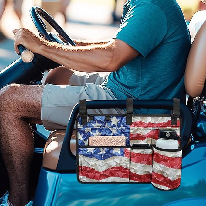 American Flag Golf Cart Bag, Golf Cart Rear Seat Organizer with Open Pockets for Golf Balls & Bottles